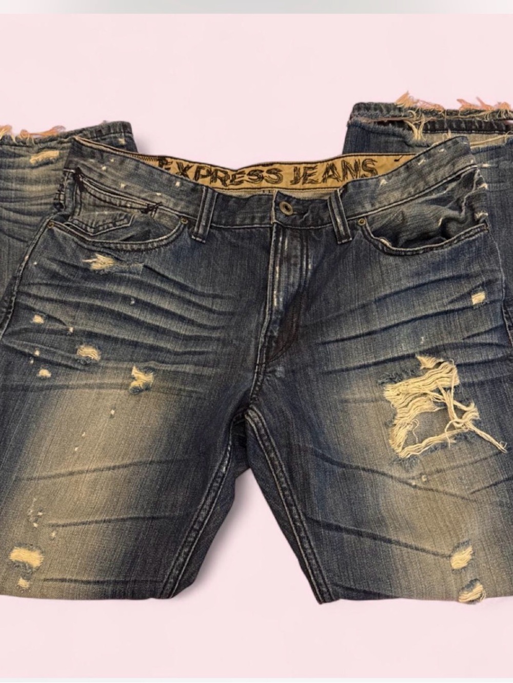 Vintage Express Men’s Distressed Dark Blue Denim Jeans